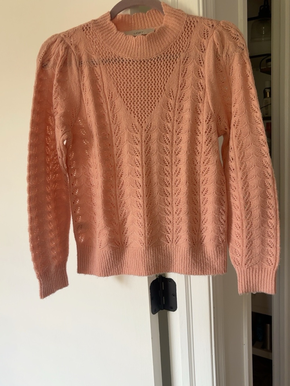 LOFT Peach Pointelle Open Knit Puff Sleeve Sweater XS - Picture 2 of 6